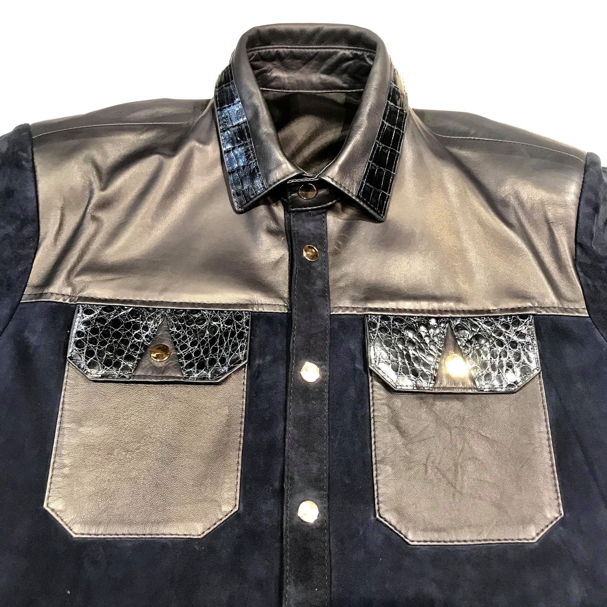 Kashani Deep Blue Suede Horn-Back Lambskin Shirt - Dudes Boutique