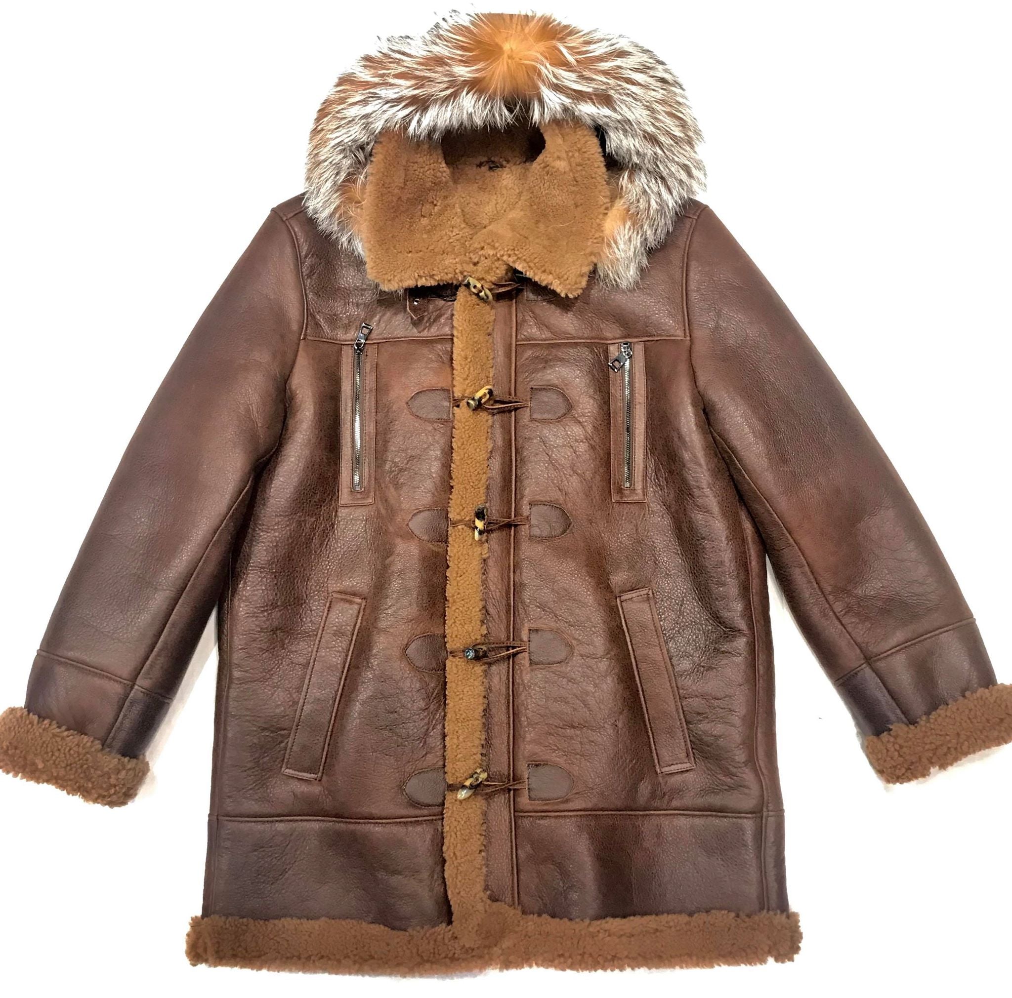 Kashani Chocolate Duffel Fox Hooded Shearling Jacket - Dudes Boutique