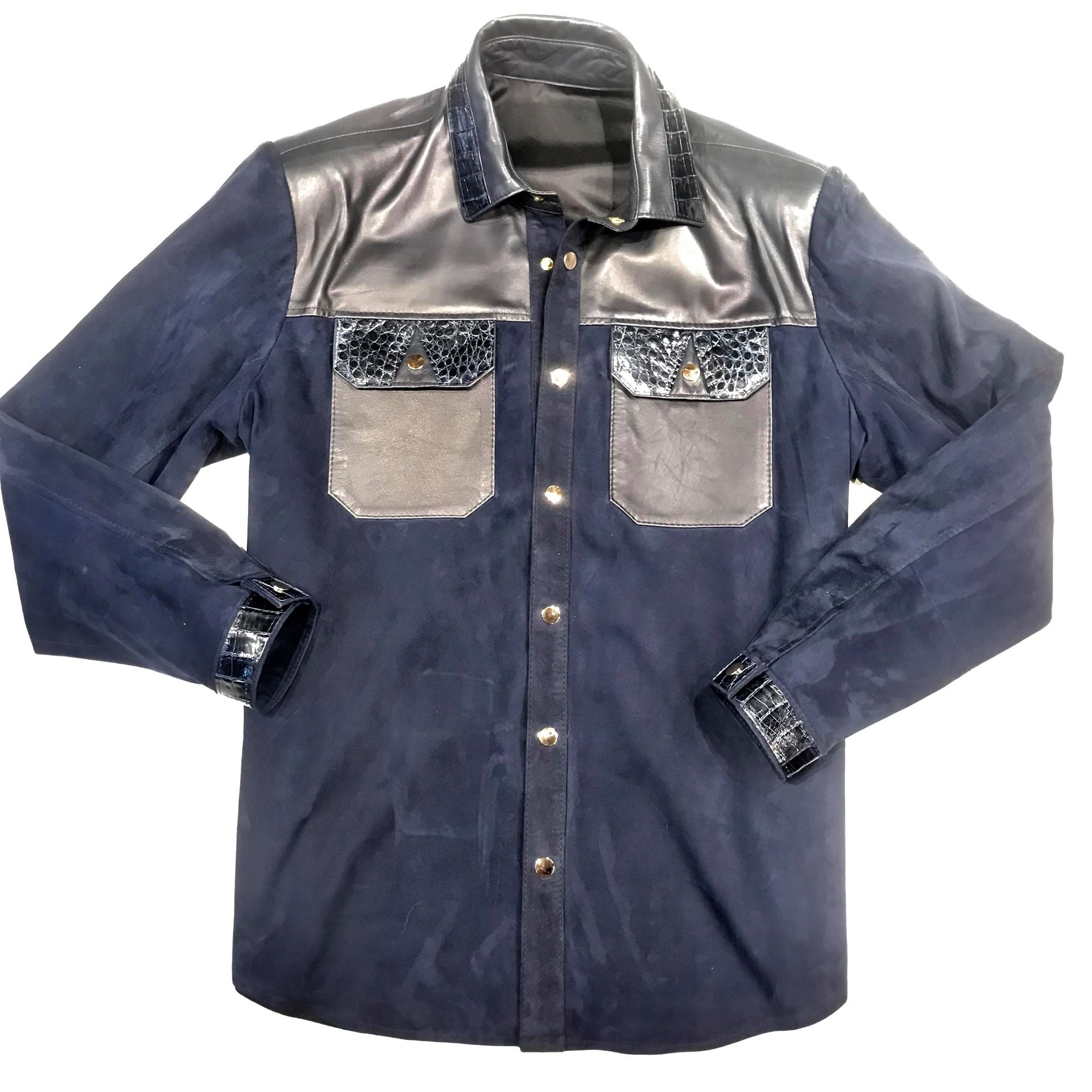 Kashani Deep Blue Suede Horn-Back Lambskin Shirt - Dudes Boutique