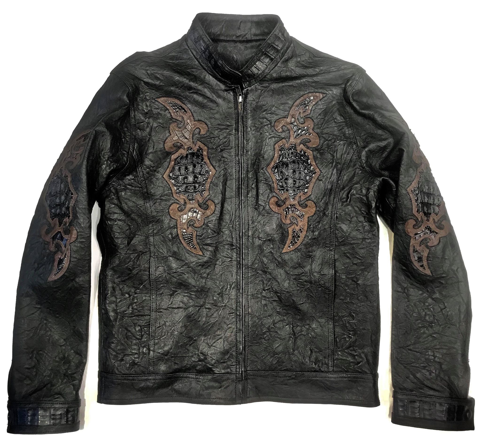 Kashani Black Horn-Back Alligator Stitched Bomber Jacket - Dudes Boutique