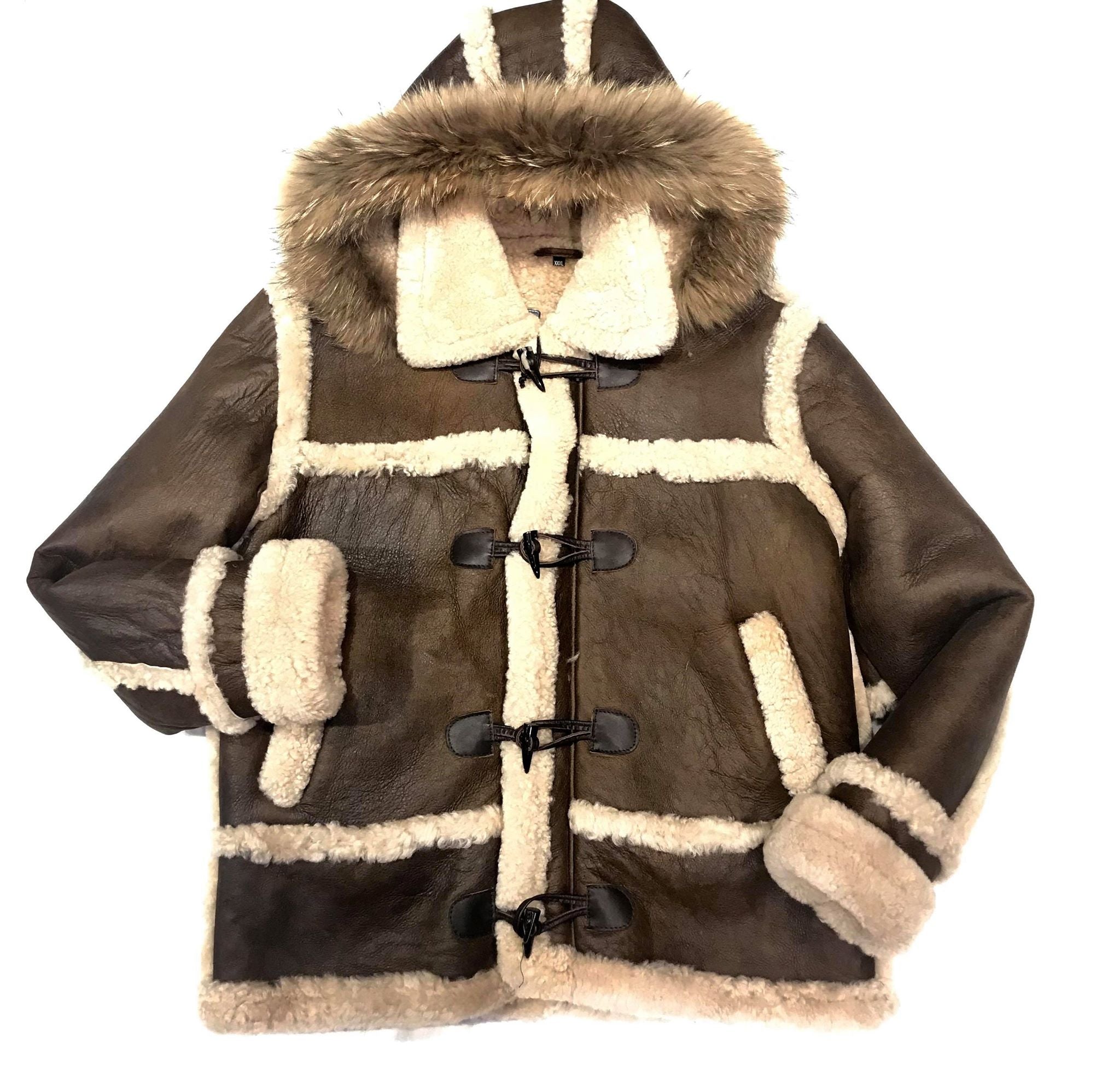 Kashani Deep Chocolate Duffel Fox Hooded Long Shearling Jacket - Dudes Boutique