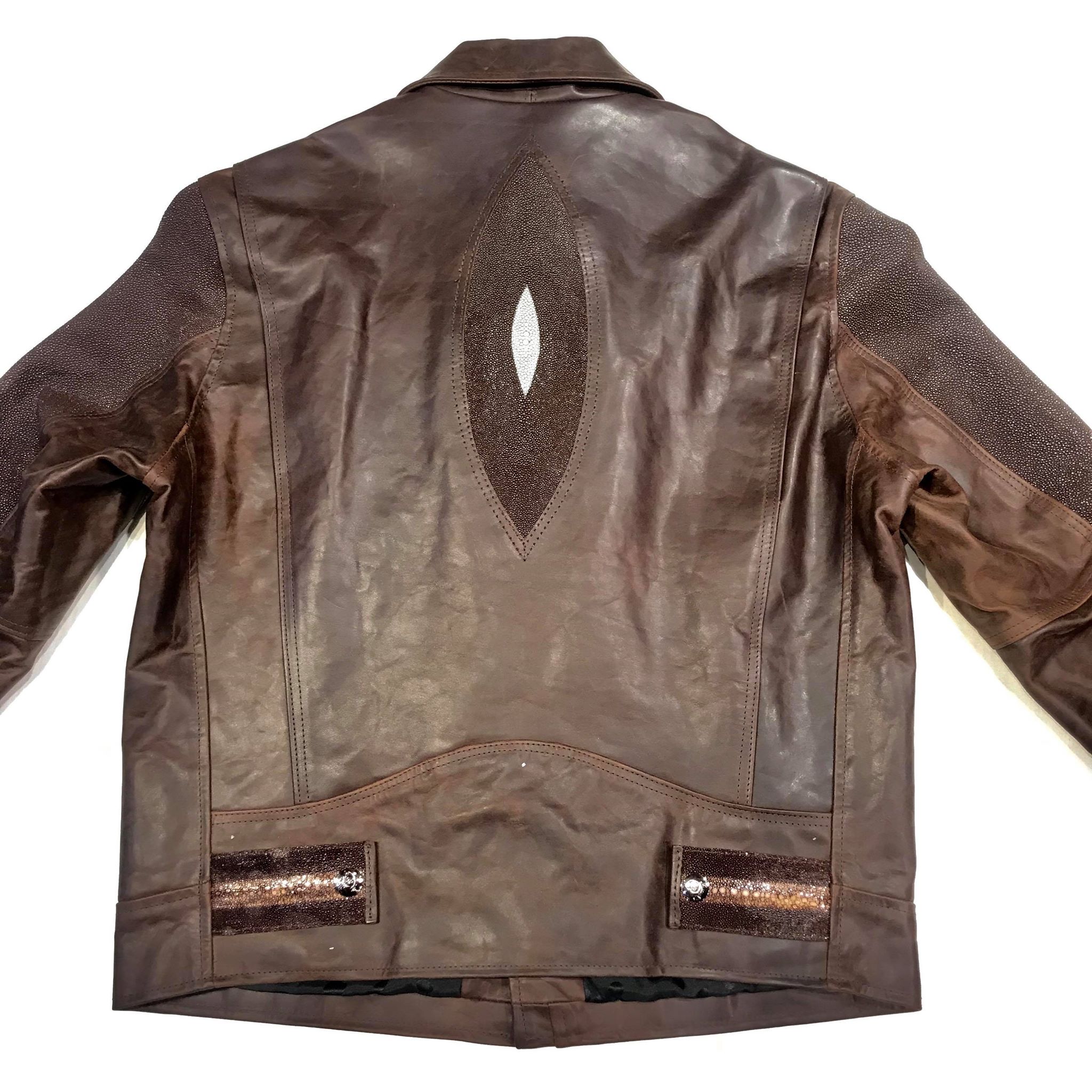 Kashani Chocolate Brown Stingray/Leather Biker Jacket - Dudes Boutique