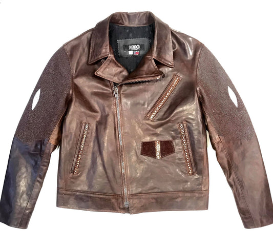 Kashani chocolate brown stingray and leather biker jacket