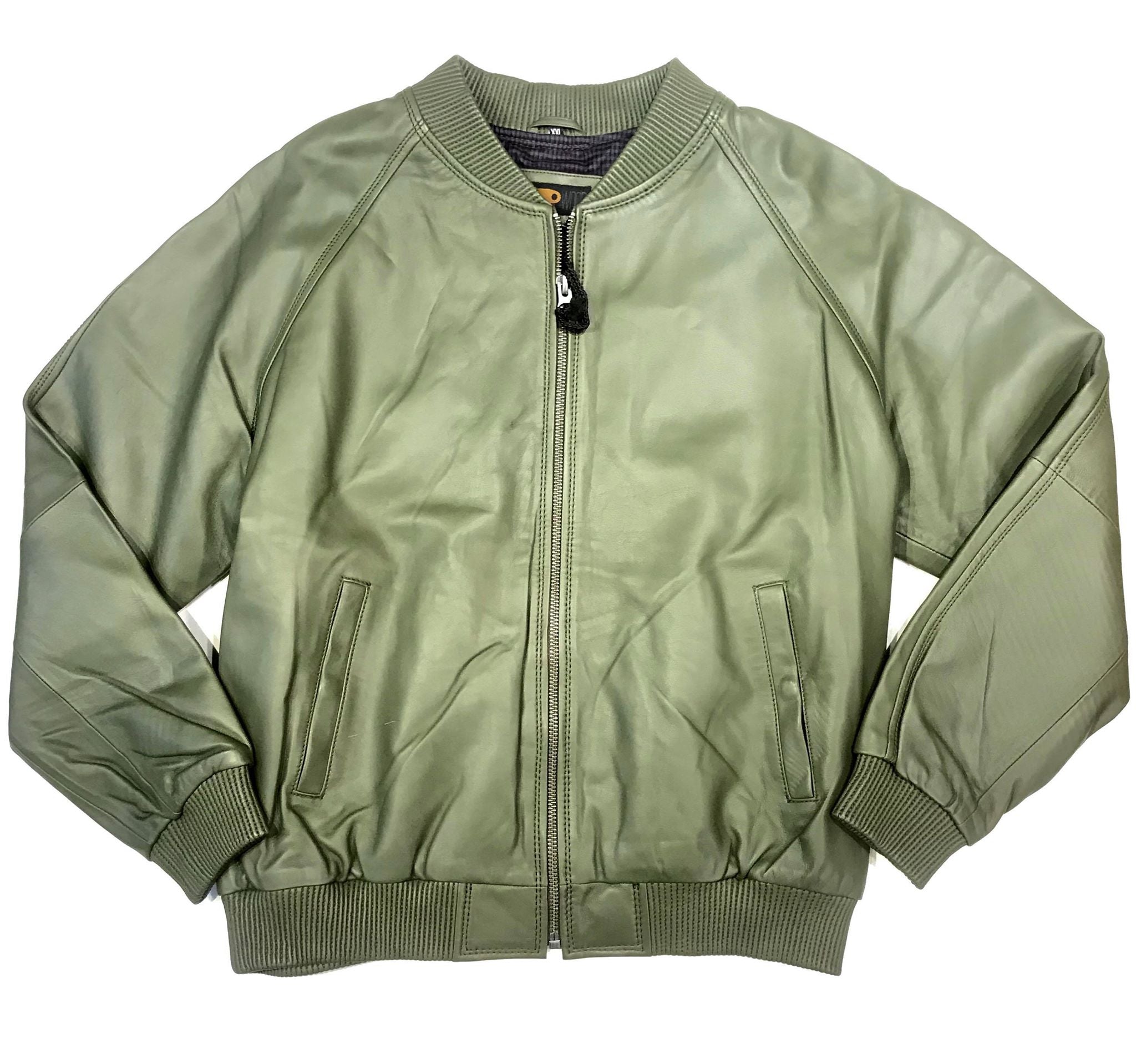 Kashani Olive Green Naked Lambskin Bomber Jacket - Dudes Boutique