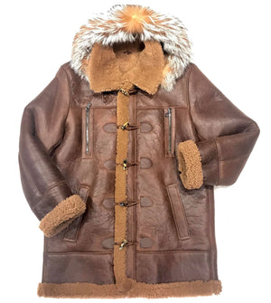 Kashani Chocolate Duffel Fox Hooded Shearling Jacket - Dudes Boutique