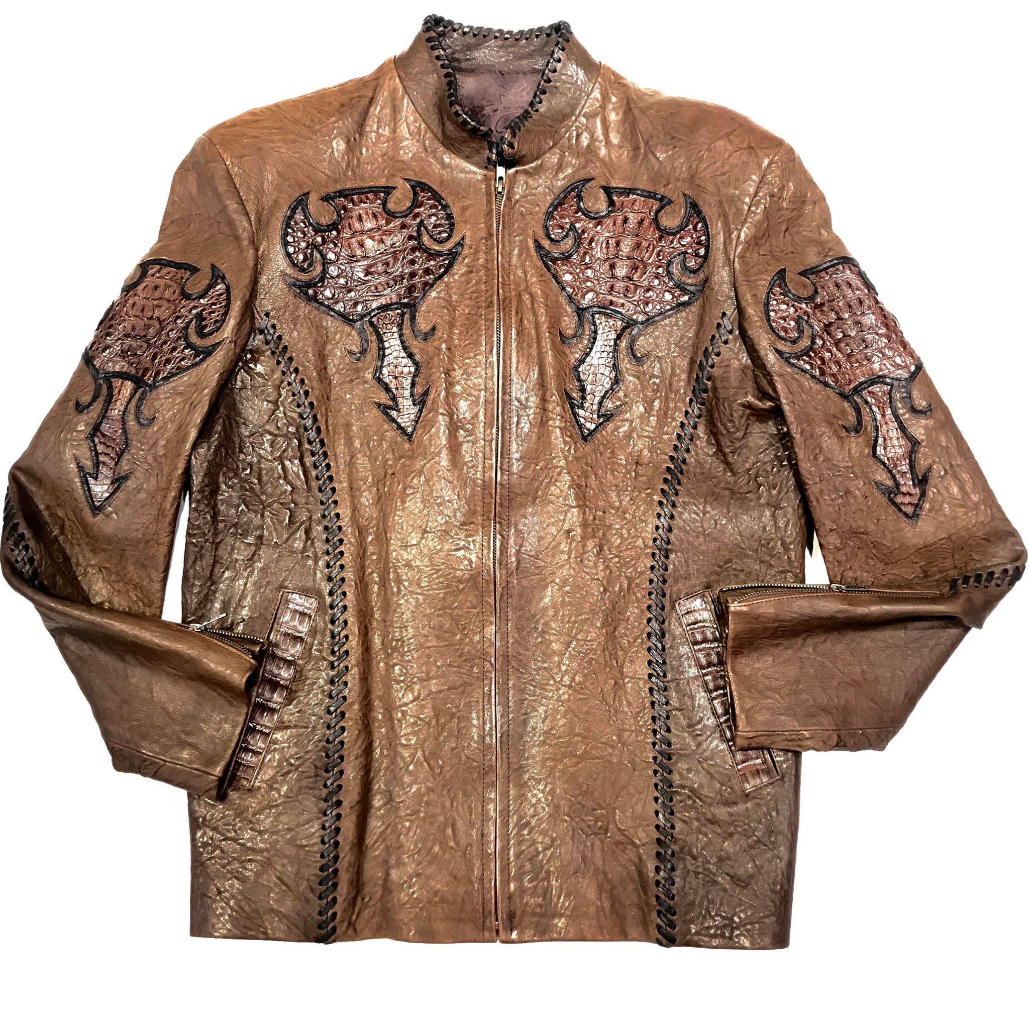 Kashani Brown Raw Laced Horn-Back Alligator Bomber Jacket - Dudes Boutique