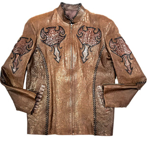 Kashani Brown Raw Laced Horn-Back Alligator Bomber Jacket - Dudes Boutique