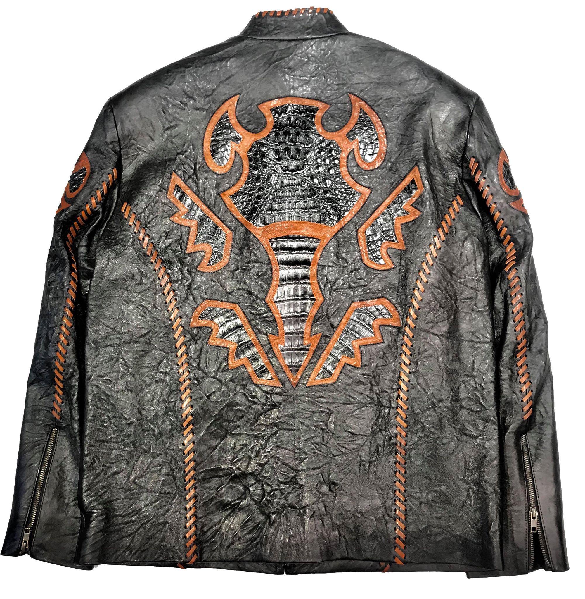 Kashani Black Laced Horn-Back Alligator Bomber Jacket - Dudes Boutique
