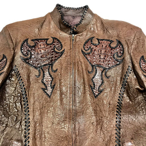 Kashani Brown Raw Laced Horn-Back Alligator Bomber Jacket - Dudes Boutique