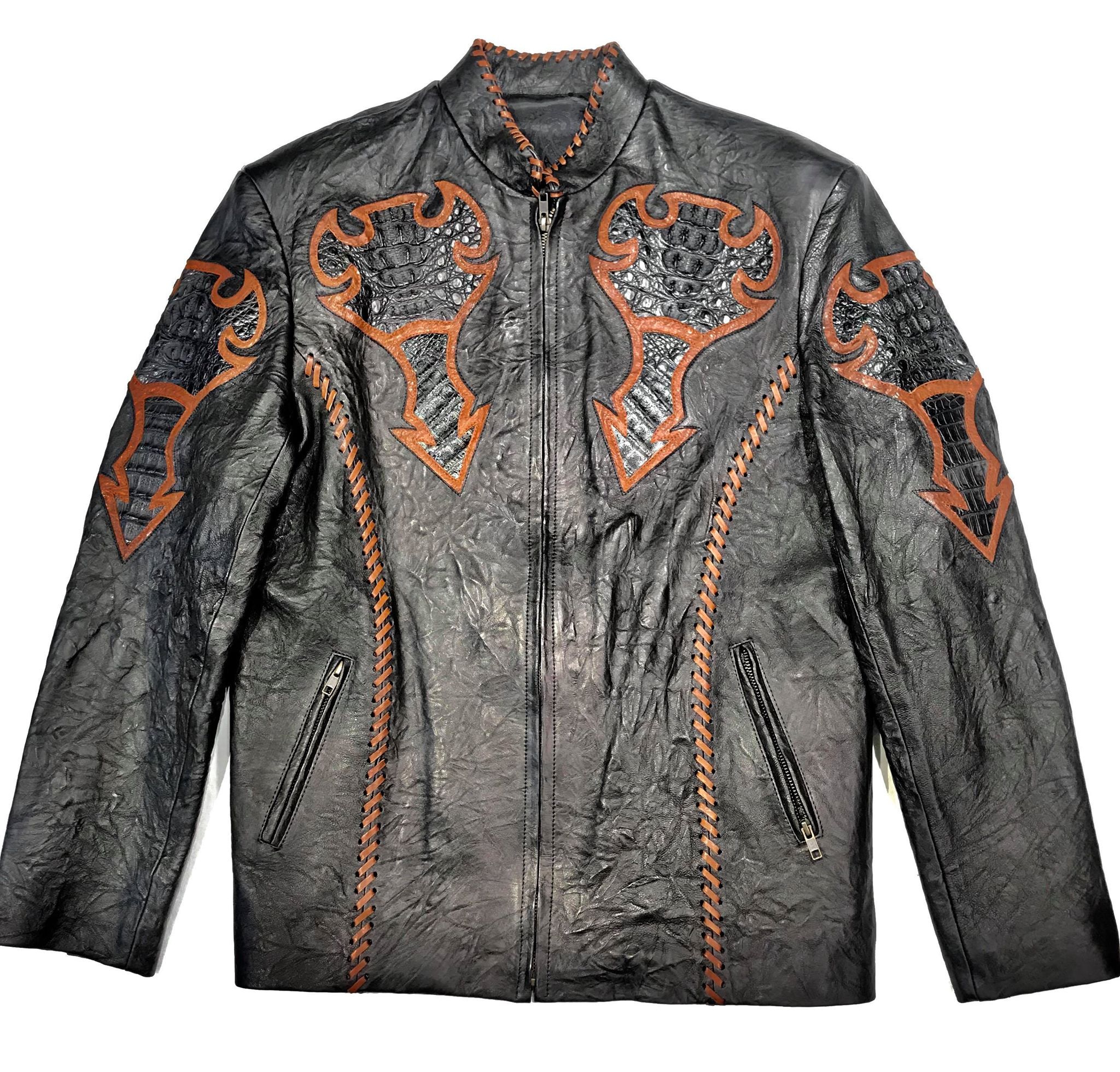 Kashani Black Laced Horn-Back Alligator Bomber Jacket - Dudes Boutique