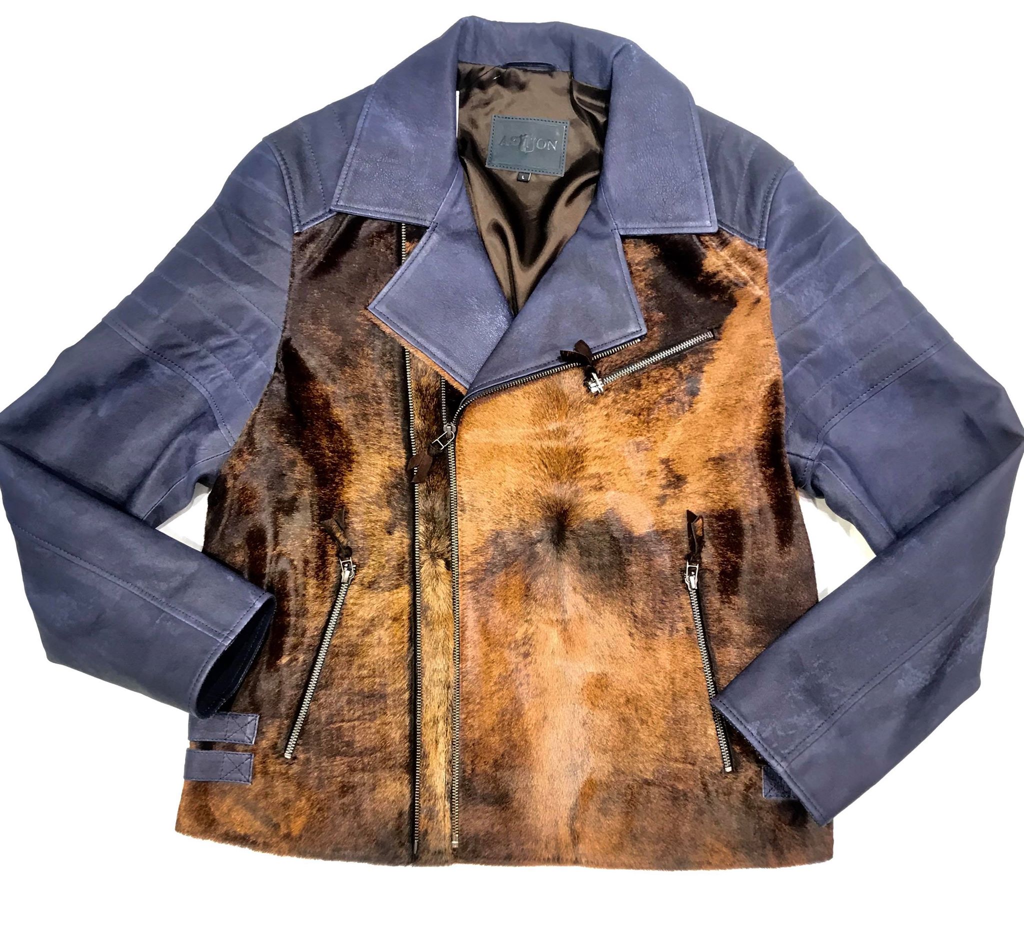 Aston Navy Natural Pony Hair Biker Jacket - Dudes Boutique