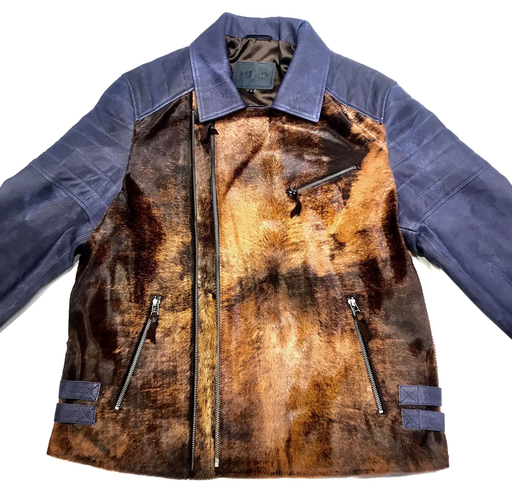 Aston Navy Natural Pony Hair Biker Jacket - Dudes Boutique