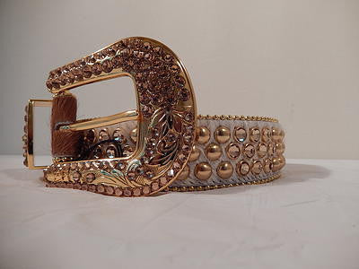 b.b. Simon Gold Studded Brown And White Pony Hair Crystal Belt - Dudes Boutique