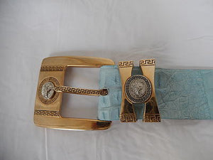 Los Altos Gold and Blue Horn Back Crocodile Belt - Dudes Boutique