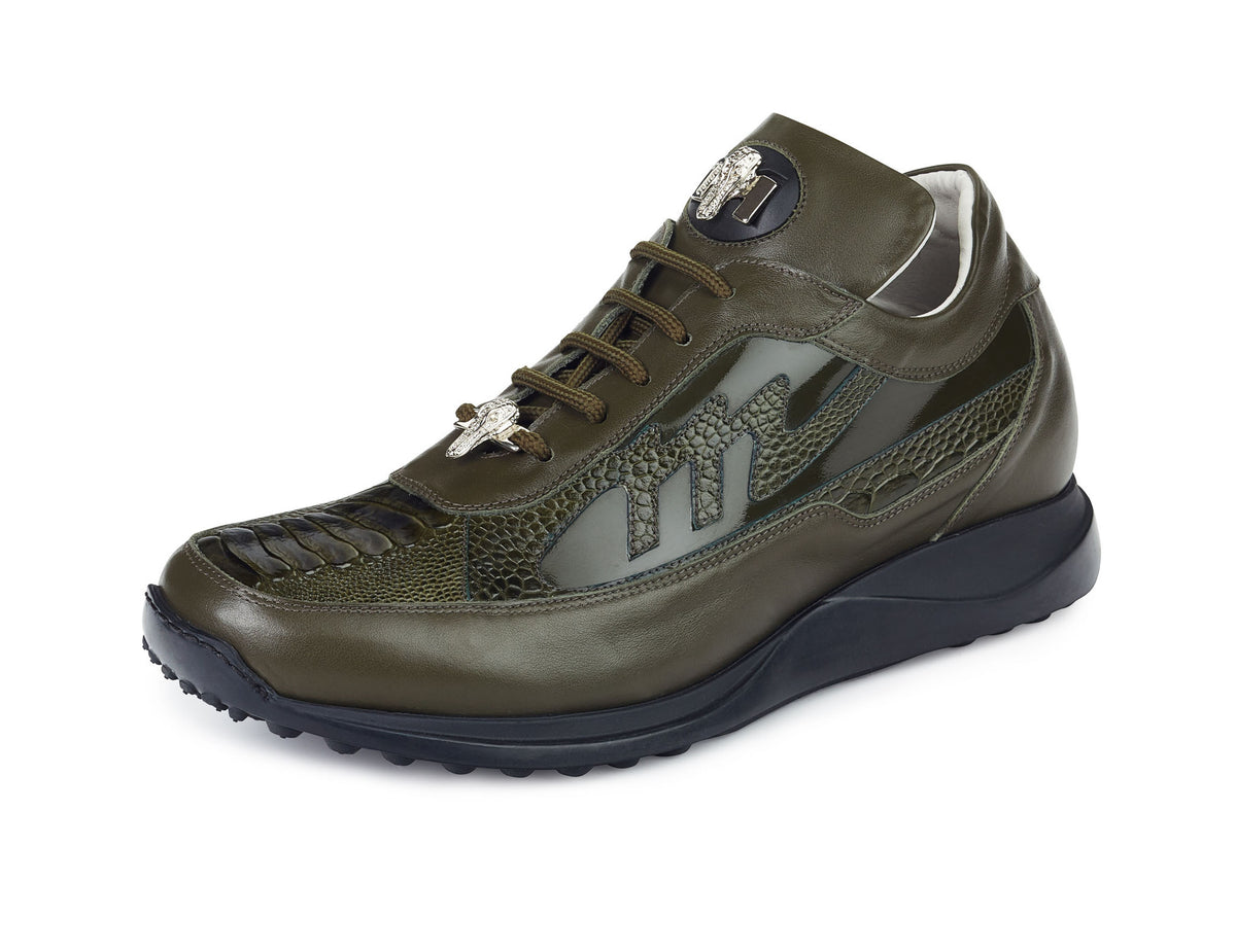 Mauri - "8555" Olive Ostrich Leg/Patent Leather Sneakers - Dudes Boutique