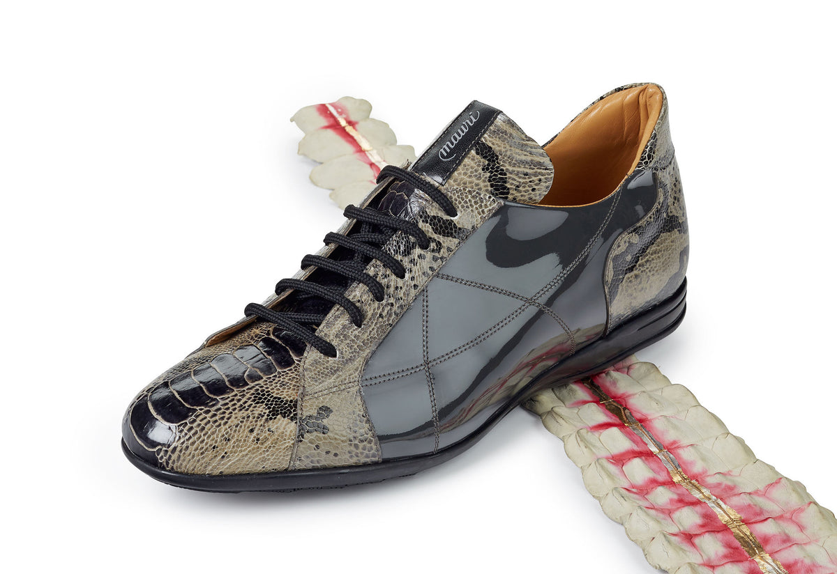 Mauri - "8662" Patent Grey Ostrich Leg/Python/Patent Leather Sneaker - Dudes Boutique