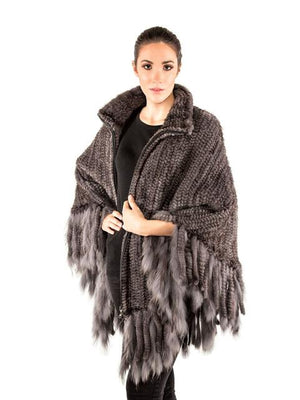 Volare Knitted Mink Poncho with Zipper & Fringes - Dudes Boutique
