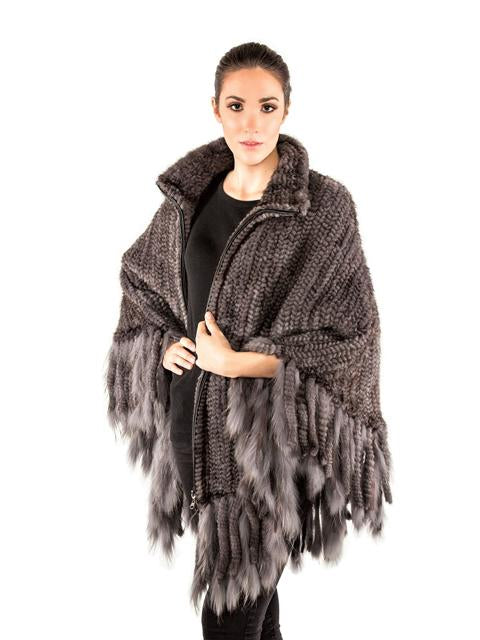 Volare Knitted Mink Poncho with Zipper & Fringes - Dudes Boutique