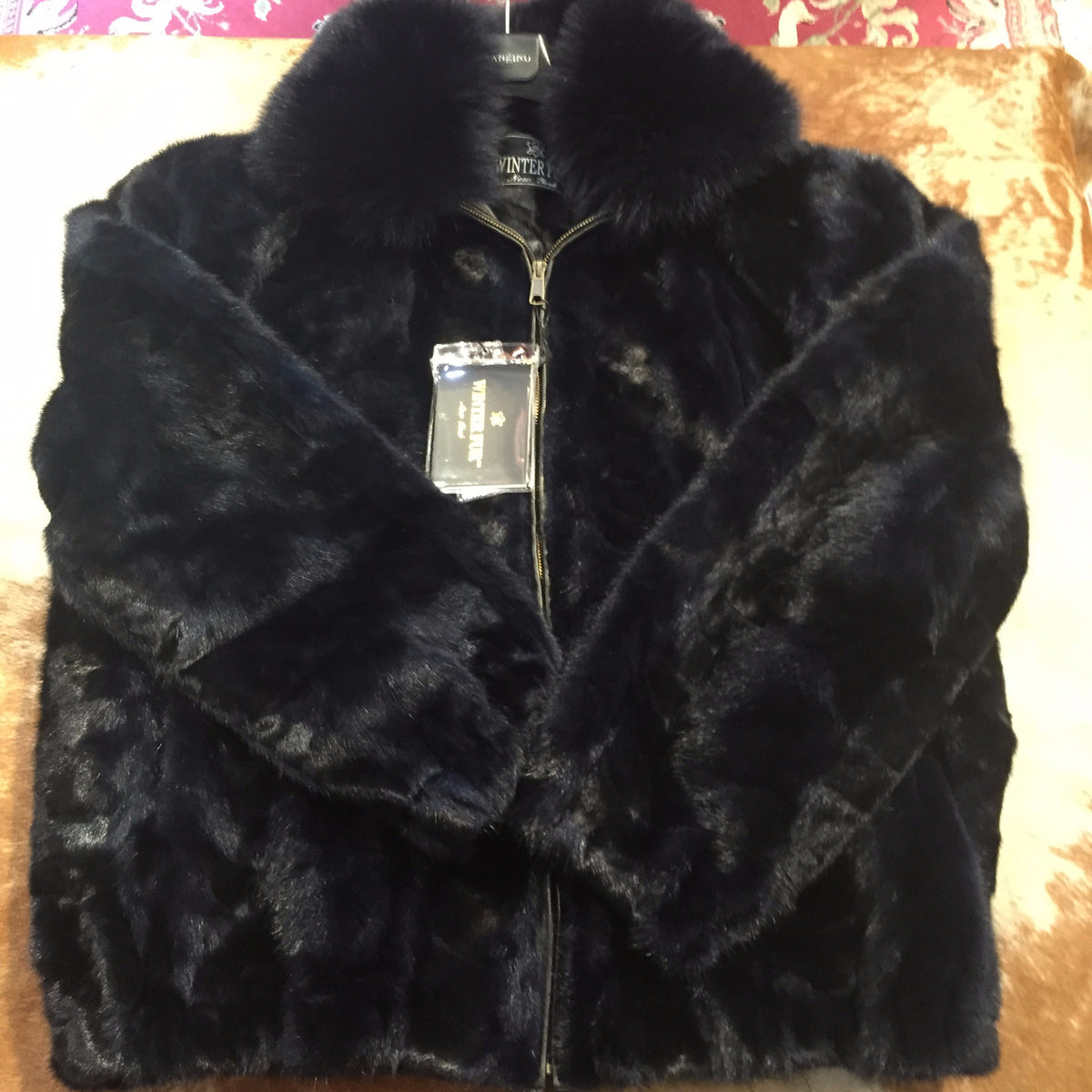 Winter Fur Diamond Navy Mink Jacket w/ Fox Collar - Dudes Boutique