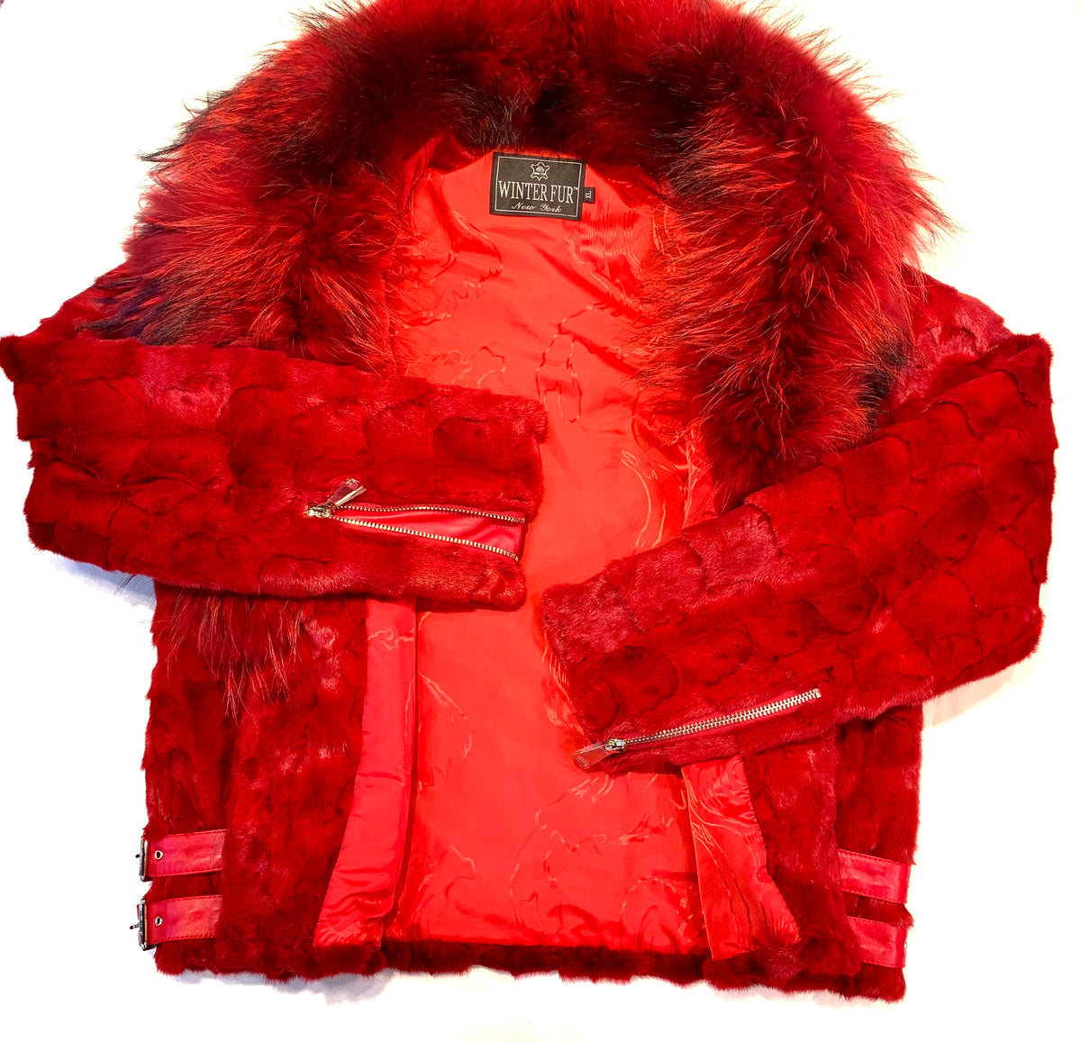 Kashani Mink Red Detachable Fox Collar Biker Jacket - Dudes Boutique
