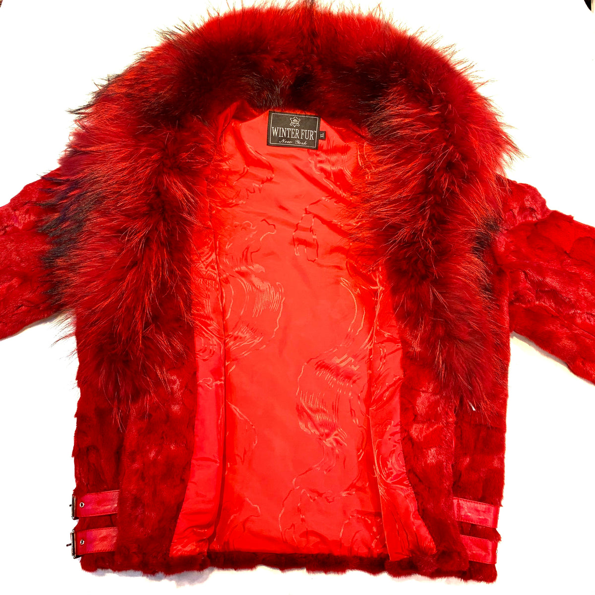 Kashani Mink Red Detachable Fox Collar Biker Jacket - Dudes Boutique