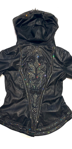 Hoss Couture Women's Swarovski Lambskin Leaf Studded Moto Jacket - Dudes Boutique