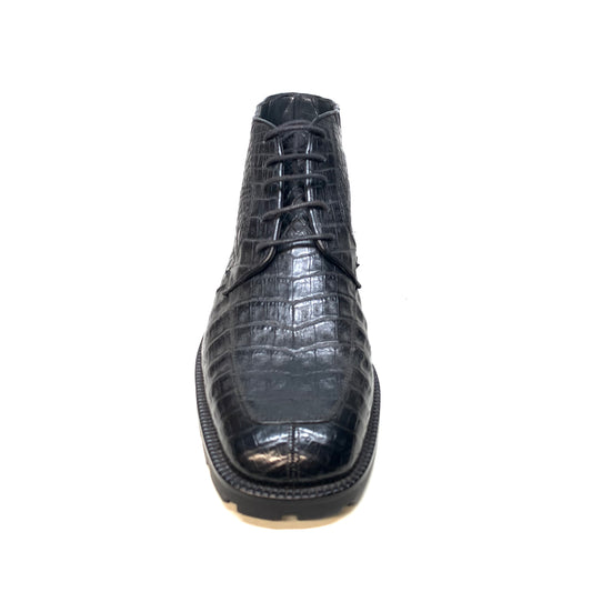 Los Altos Black All-Over Crocodile Belly Lace Up Ankle Boots - Dudes Boutique