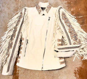 Kashani White Swarovski Crystal Lambskin Studded Fringe Jacket - Dudes Boutique