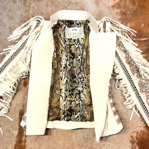 Kashani White Swarovski Crystal Lambskin Studded Fringe Jacket - Dudes Boutique