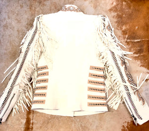 Kashani White Swarovski Crystal Lambskin Studded Fringe Jacket - Dudes Boutique