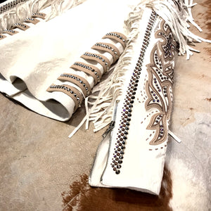 Kashani White Swarovski Crystal Lambskin Studded Fringe Jacket - Dudes Boutique