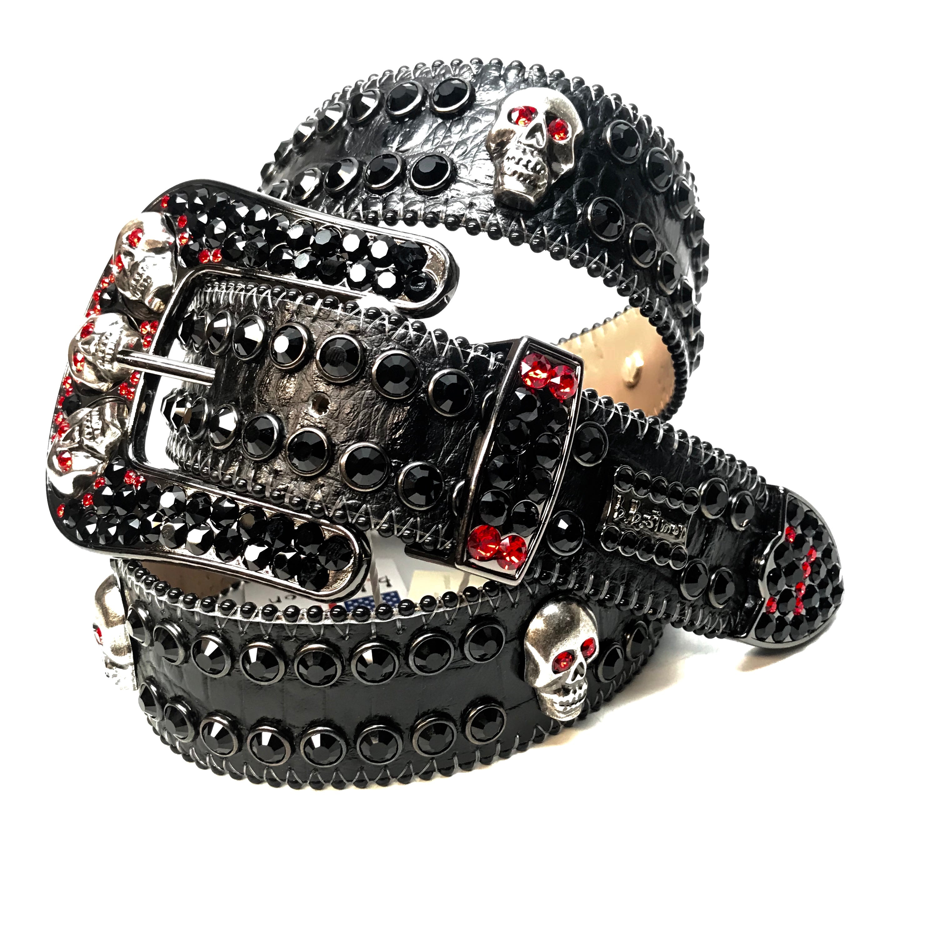 b.b. Simon Skull Black Red Fully Loaded Double Row Crystal Belt - Dudes Boutique