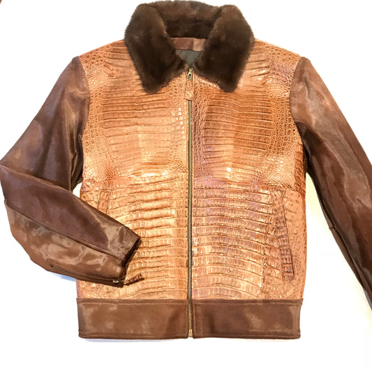 Kashani brown alligator bomber jacket with pony hair sleeves and mink collar