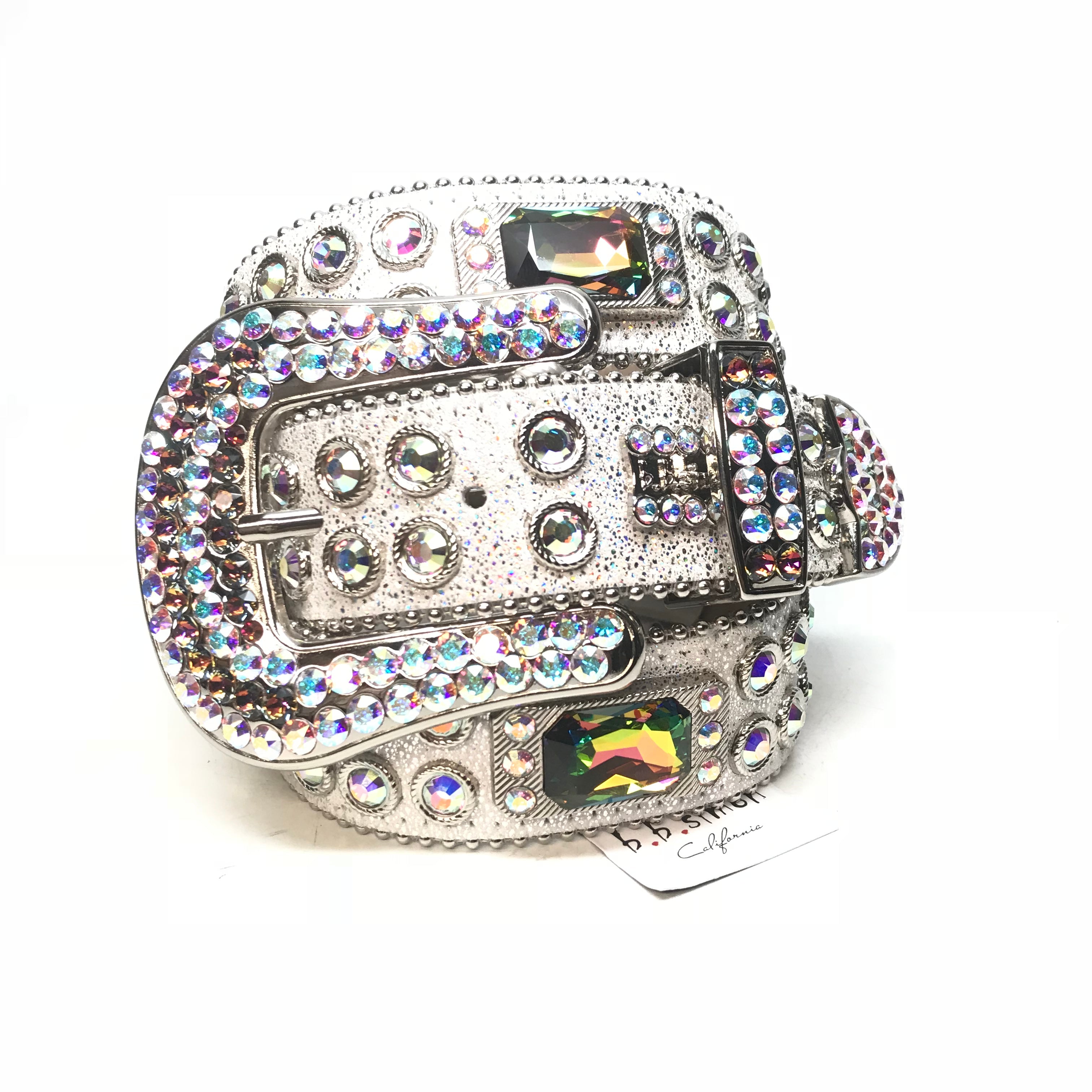 b.b. Simon White Iridescent Big Block Crystal Belt - Dudes Boutique