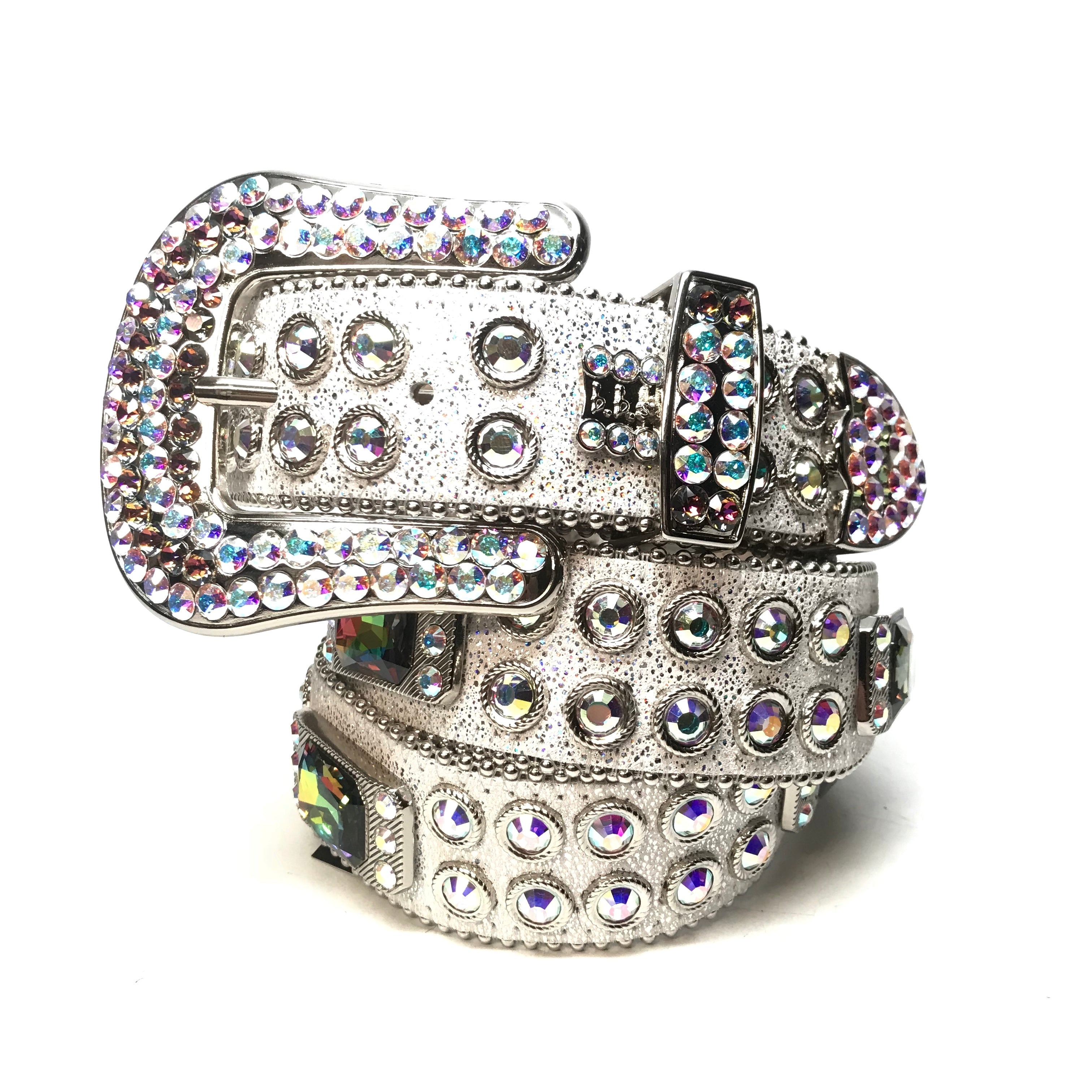 b.b. Simon White Iridescent Big Block Crystal Belt - Dudes Boutique