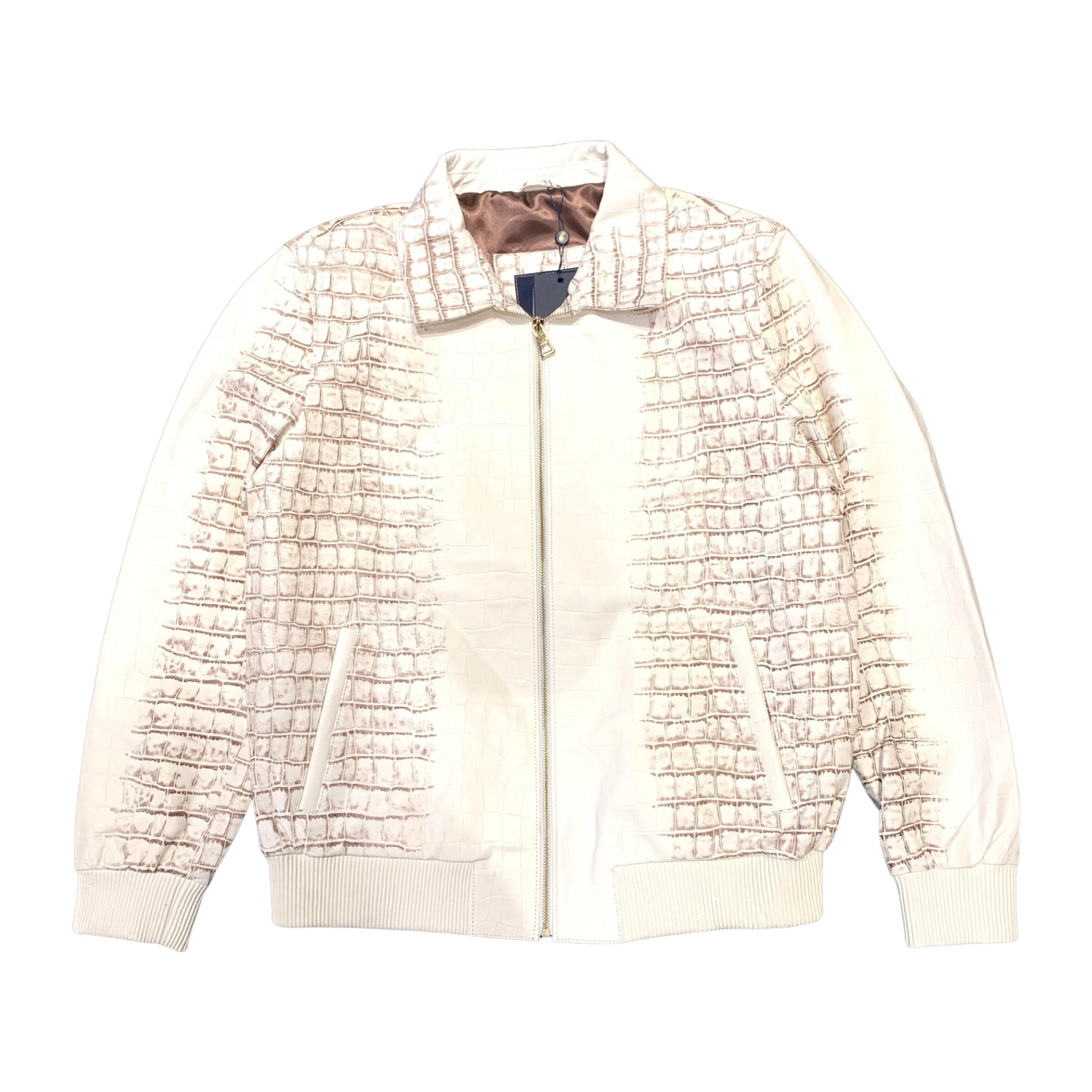 Kashani Men's Caffe/White Embossed Alligator Leather Bomber Jacket - Dudes Boutique