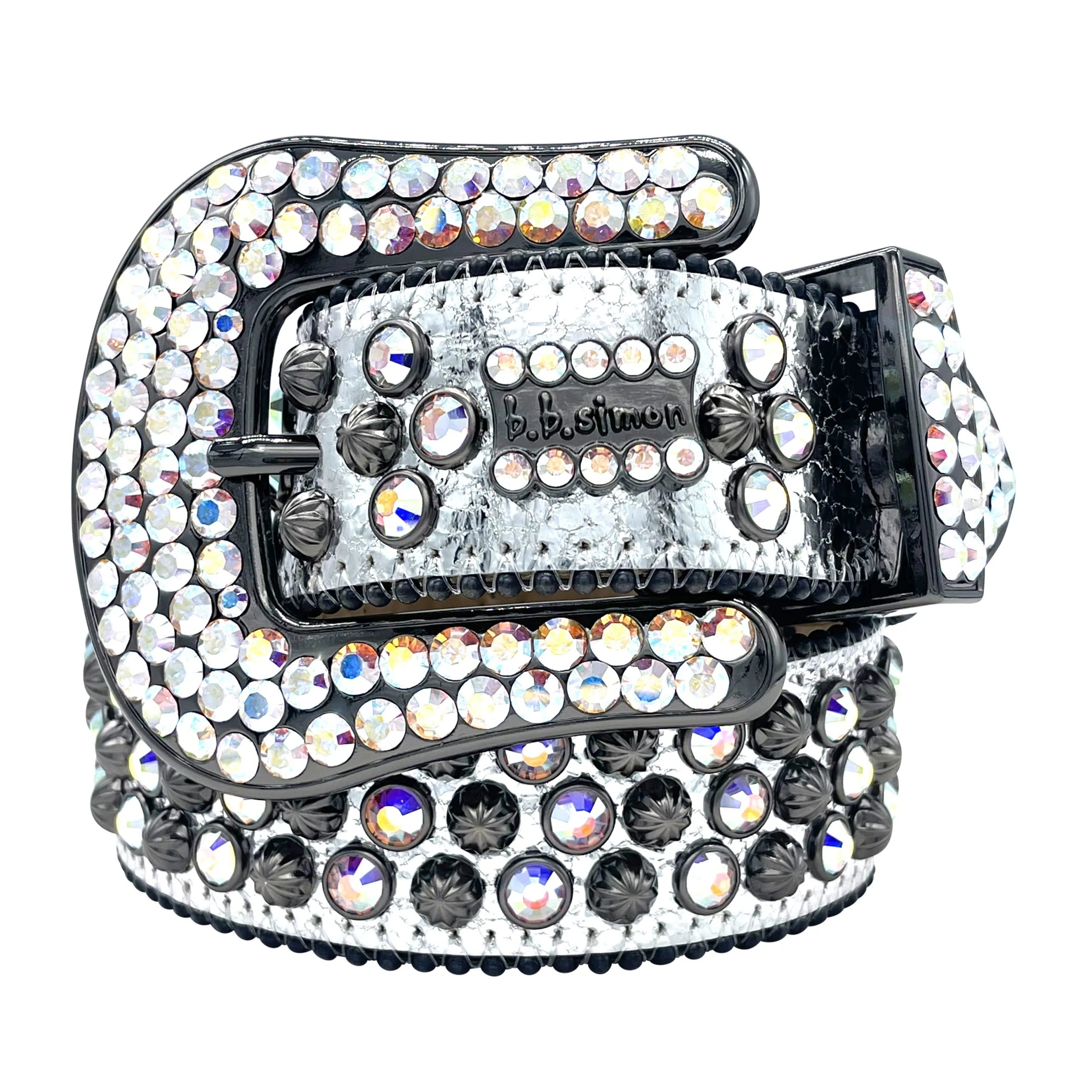 Simon Chrome Silver 3-Row Studded Crystal Belt