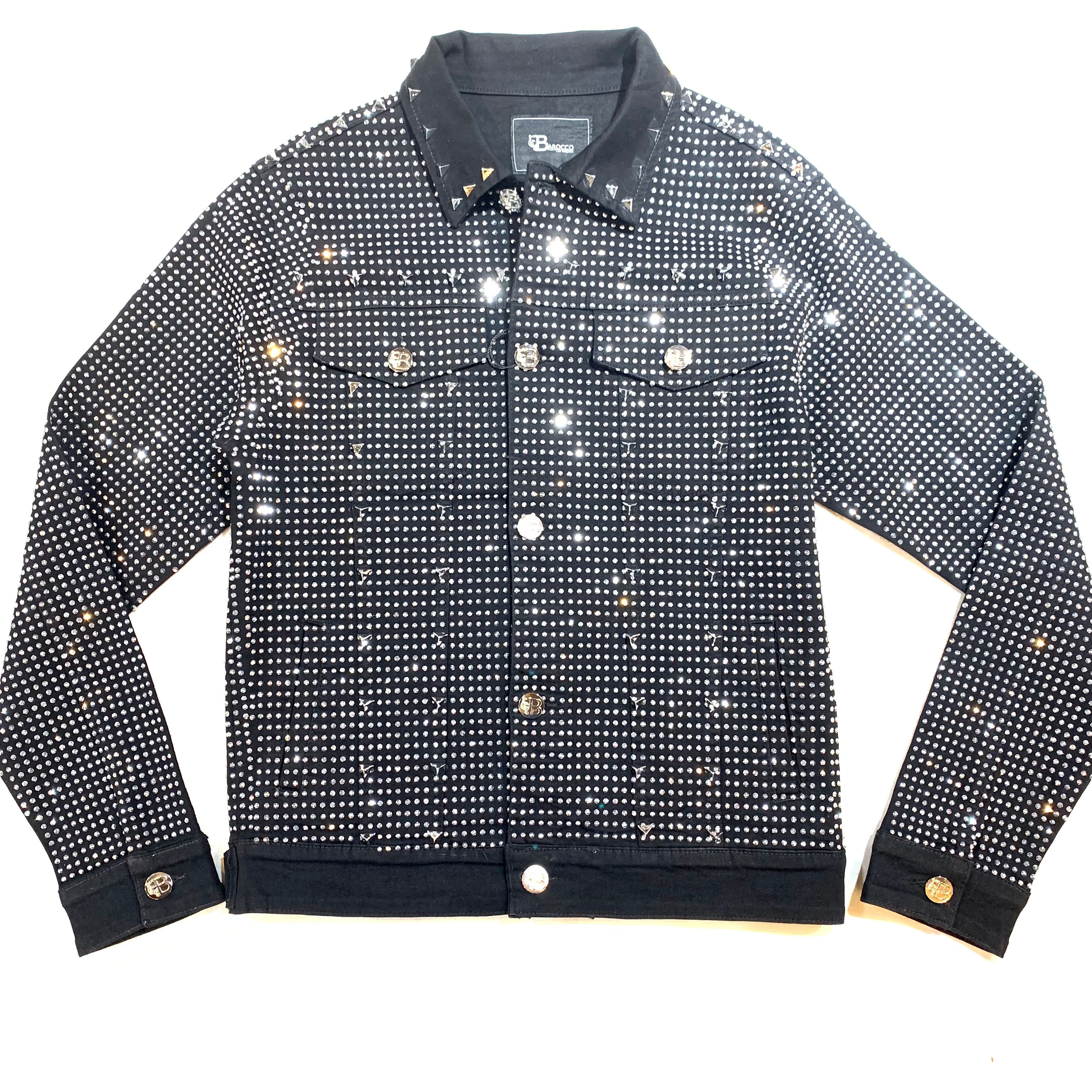 Barocco Black Fully Loaded White Crystal Spiked Jean Jacket - Dudes Boutique