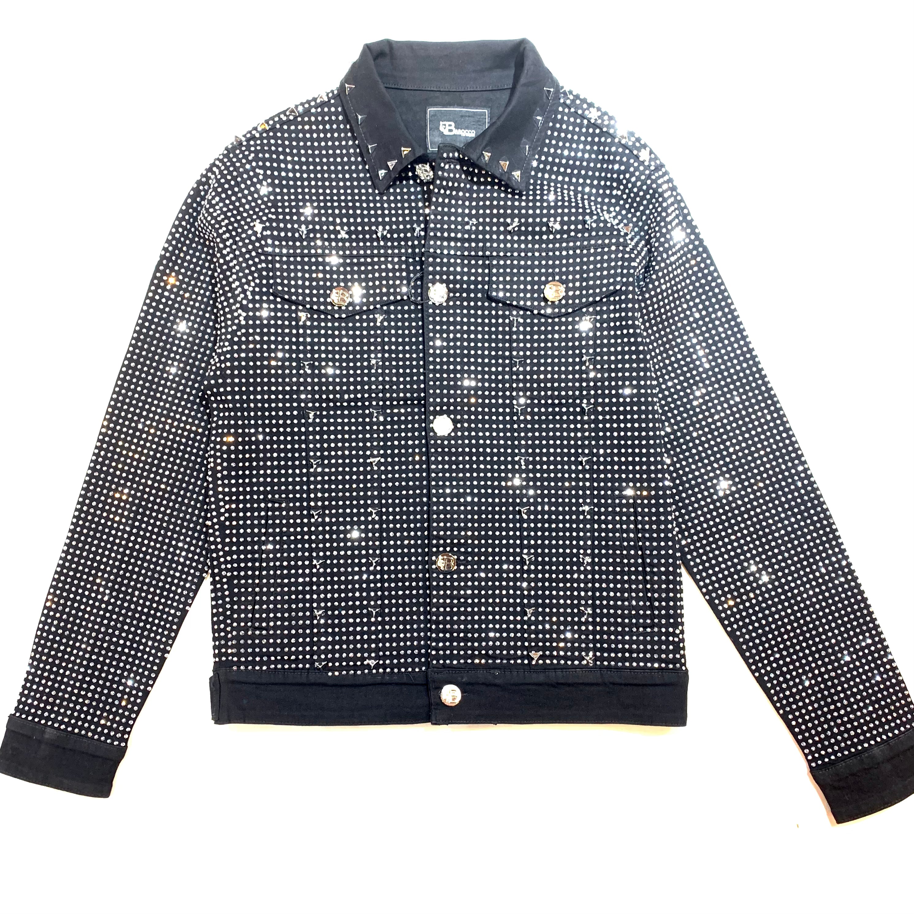 Barocco Black Fully Loaded White Crystal Spiked Jean Jacket - Dudes Boutique