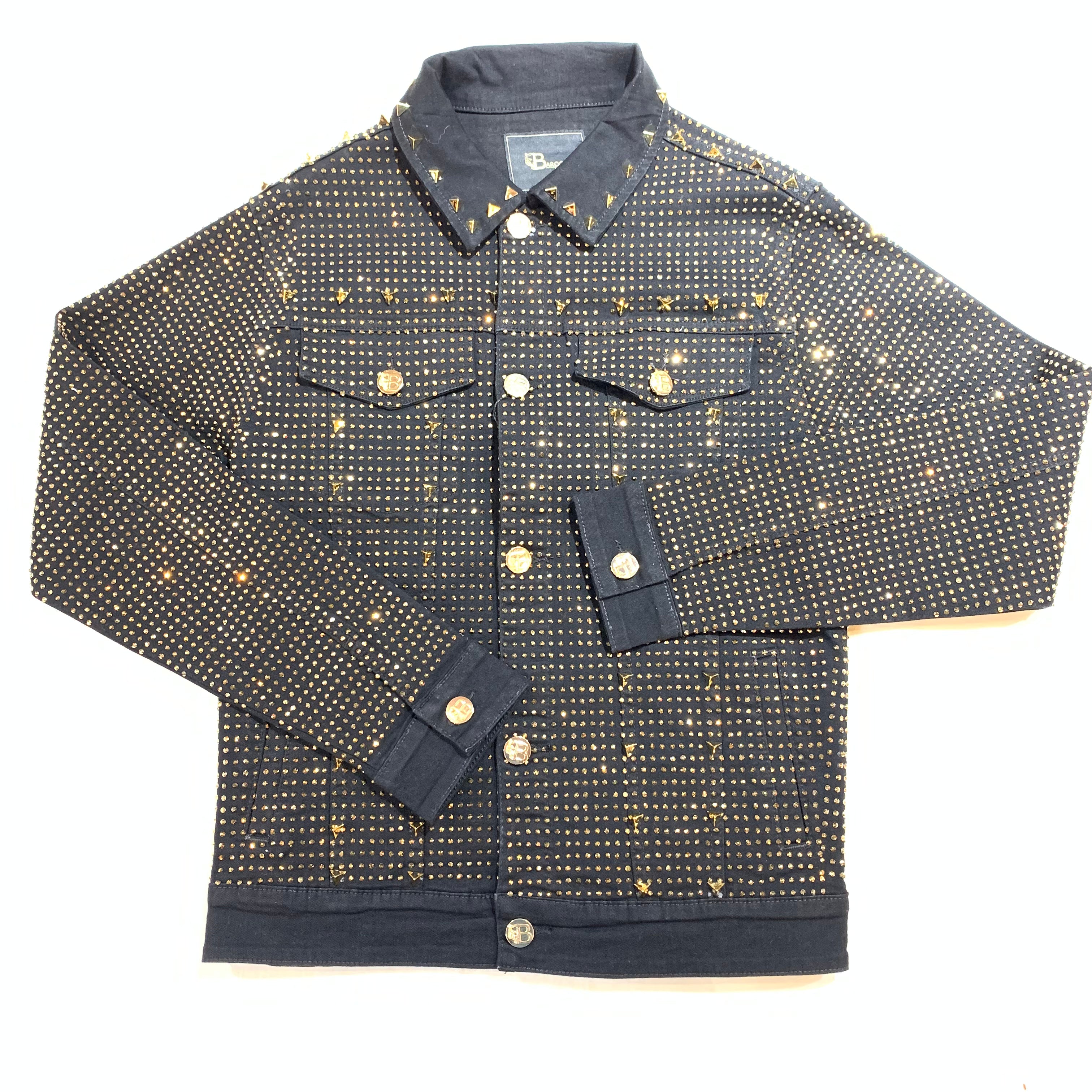 Barocco Black Fully Loaded Gold Crystal Spiked Jean Jacket - Dudes Boutique
