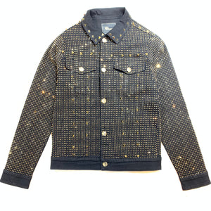 Barocco Black Fully Loaded Gold Crystal Spiked Jean Jacket - Dudes Boutique