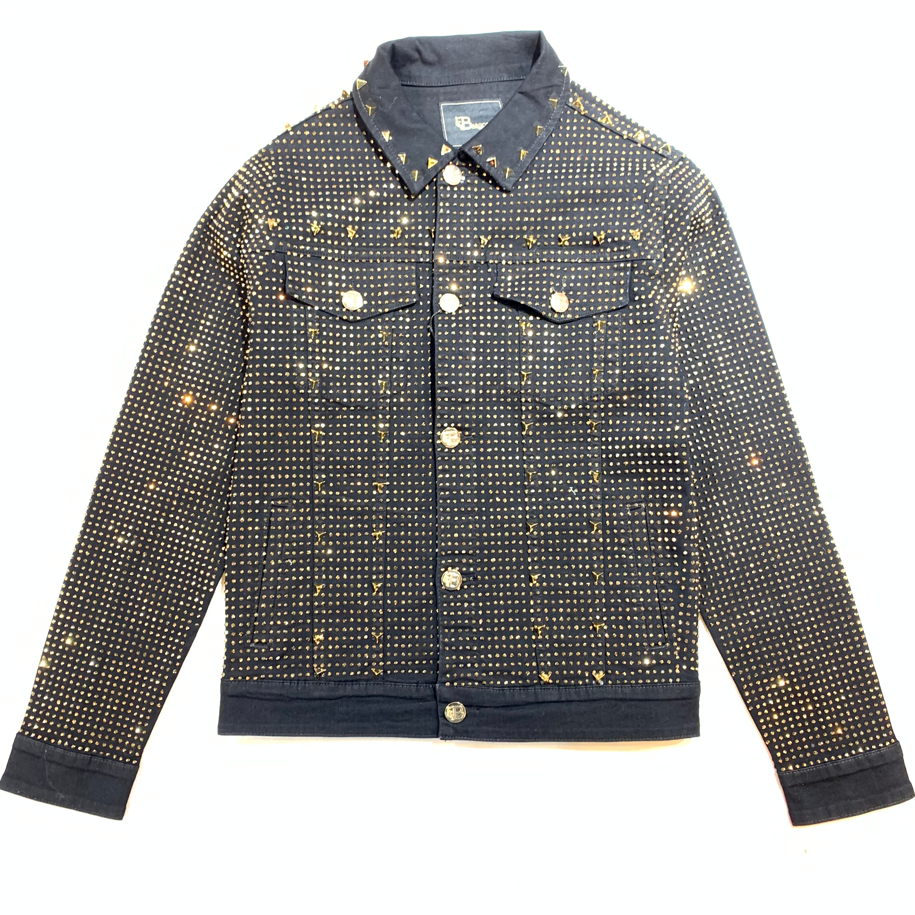 Barocco Black Fully Loaded Gold Crystal Spiked Jean Jacket - Dudes Boutique