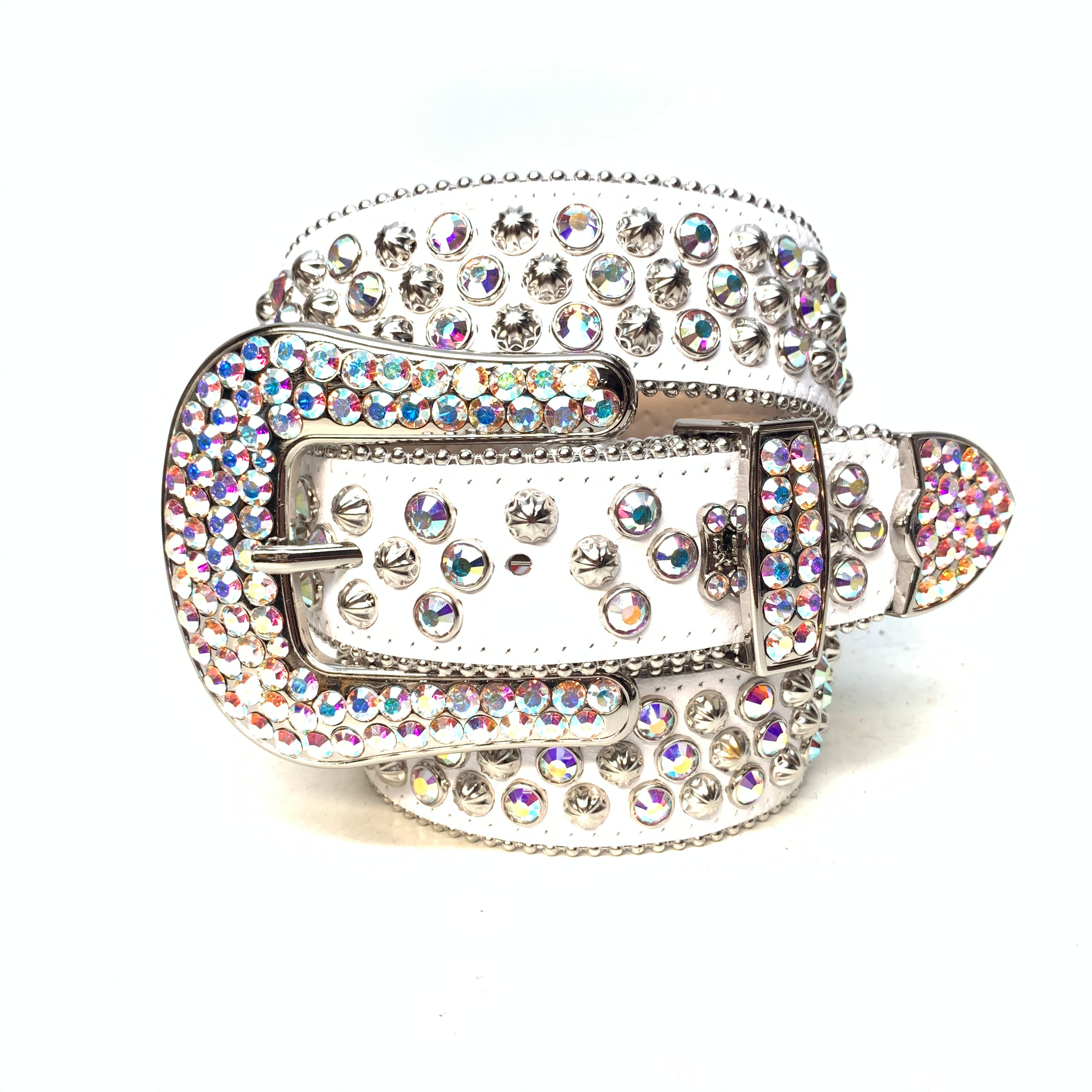 b.b. Simon White Iridescent 3-Row Studded Crystal Belt - Dudes Boutique