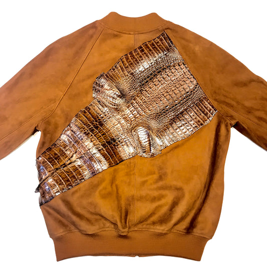 Kashani chocolate suede bomber jacket with alligator body wrap
