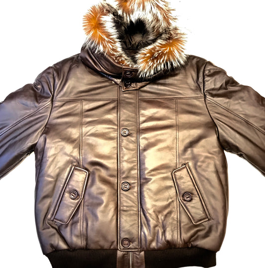 Kashani brown lambskin parka jacket with fox fur
