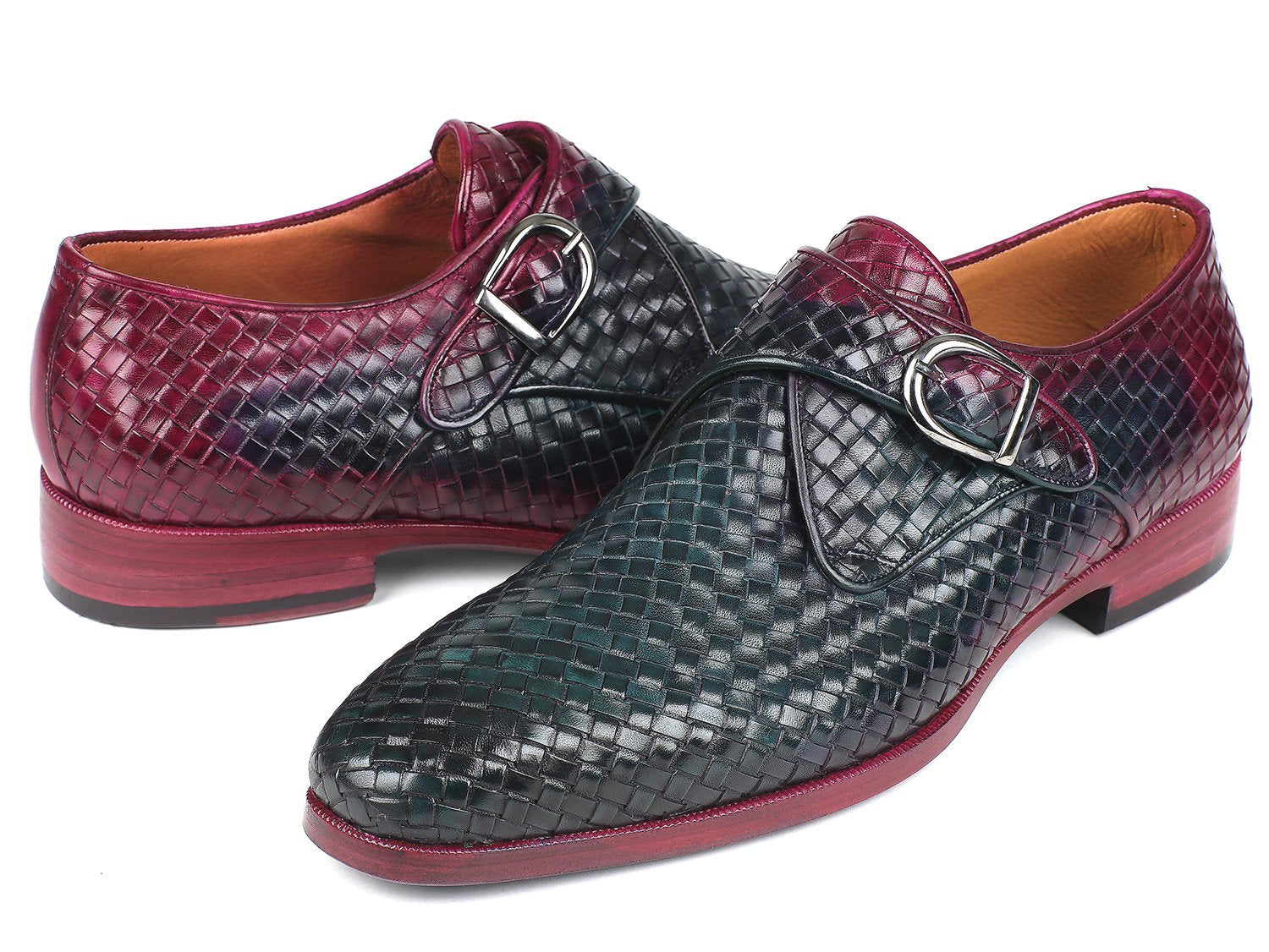 Paul Parkman Purple & Green Woven Leather Single Monkstraps - Dudes Boutique