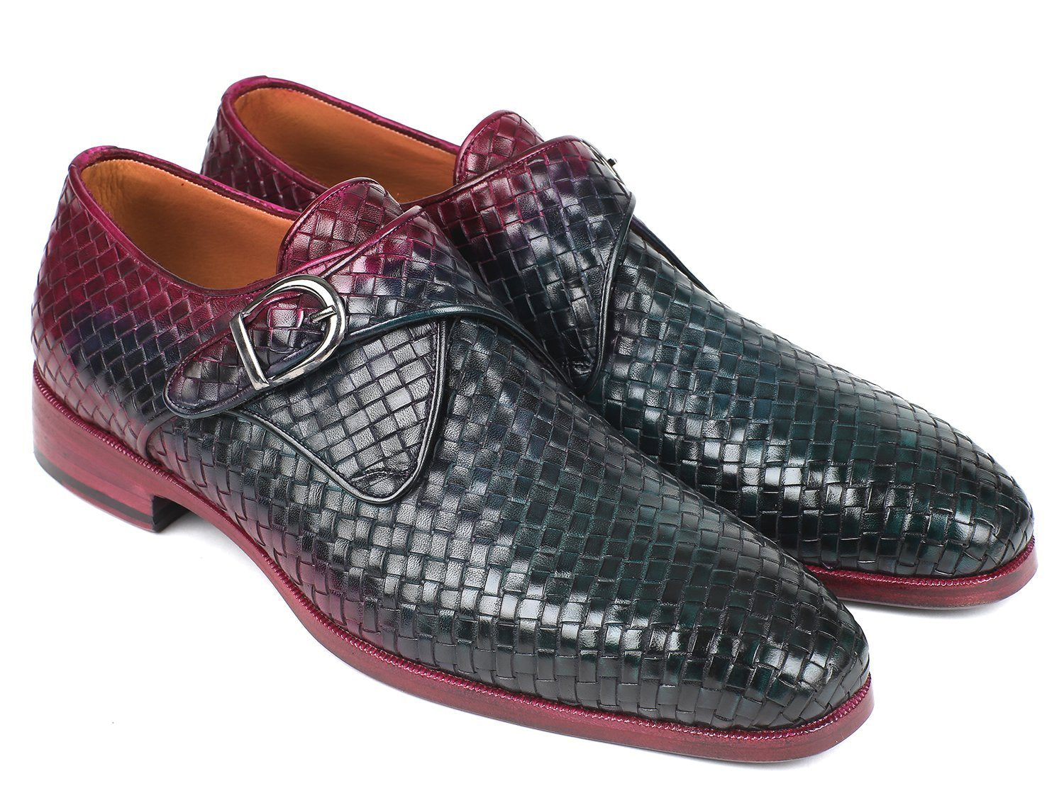 Paul Parkman Purple & Green Woven Leather Single Monkstraps - Dudes Boutique