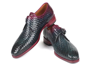 Paul Parkman Purple & Green Woven Leather Single Monkstraps - Dudes Boutique