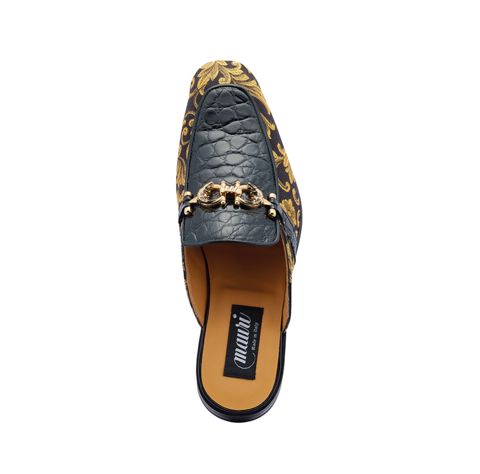 Mauri 4976 'Bermuda' Black/Gold Alligator + Fabric Sandal - Dudes Boutique