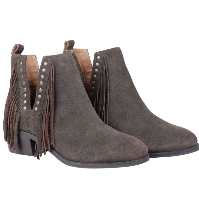 MYRA Women's Chocolate Brown Suede Fringe Cyno Booties - Dudes Boutique